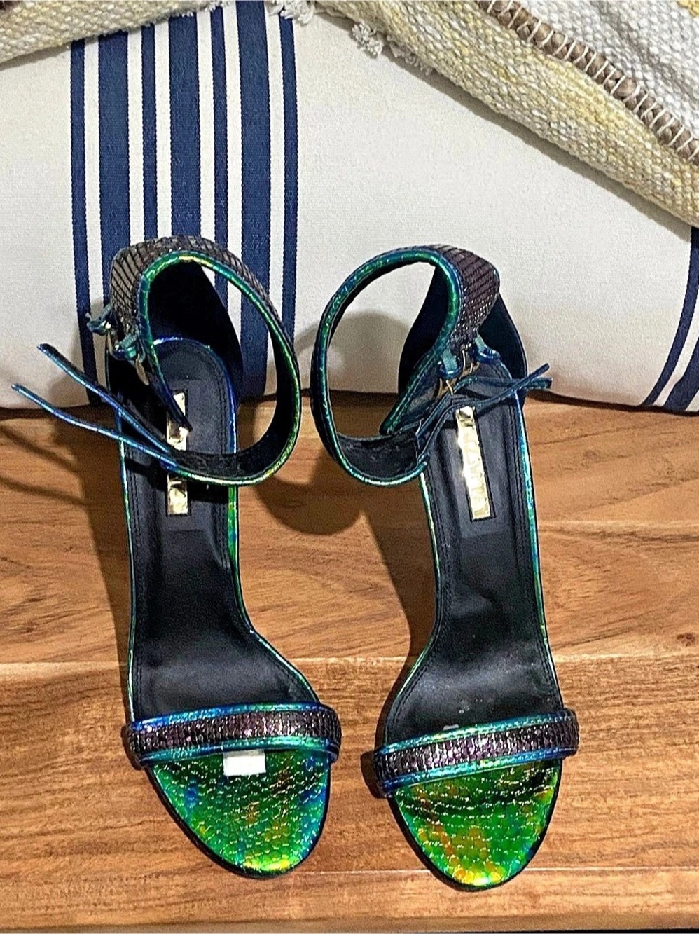 Aquazzura Iridescent Strappy Heels in Green & Black